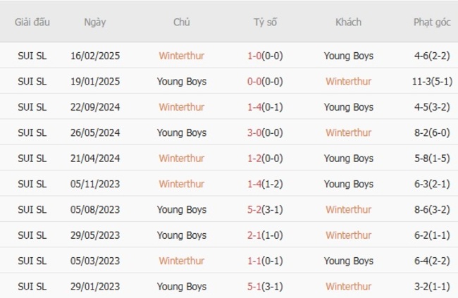 Kết quả đối đầu quá khứ Winterthur vs Young Boys